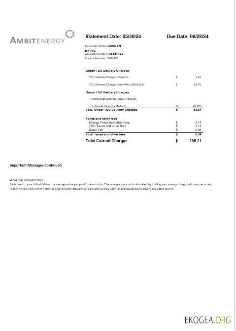 Modèle Word et PDF de facture de services publics d'entreprise Ambit Energy des États Unis, 3 pages